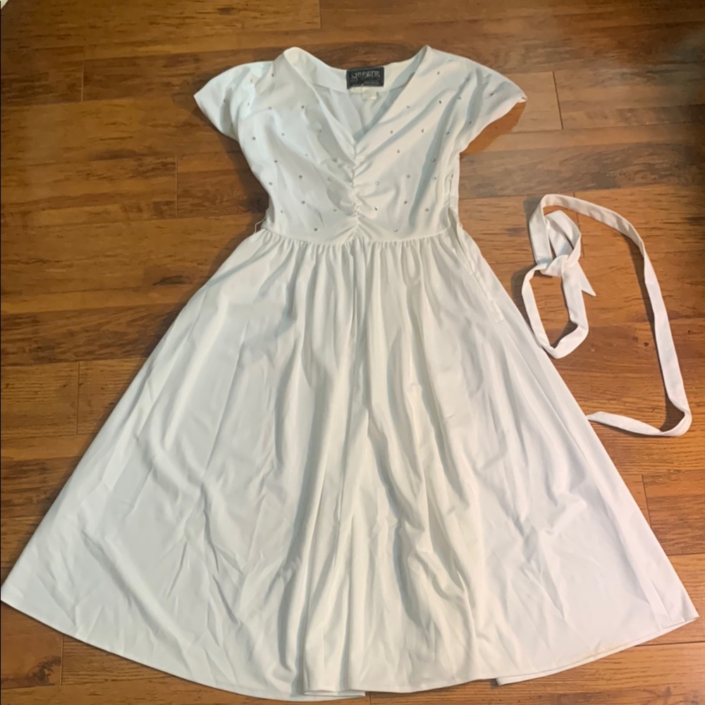 Vintage Sears Cream A-Line Sundress with Flutter Cap Sleeves